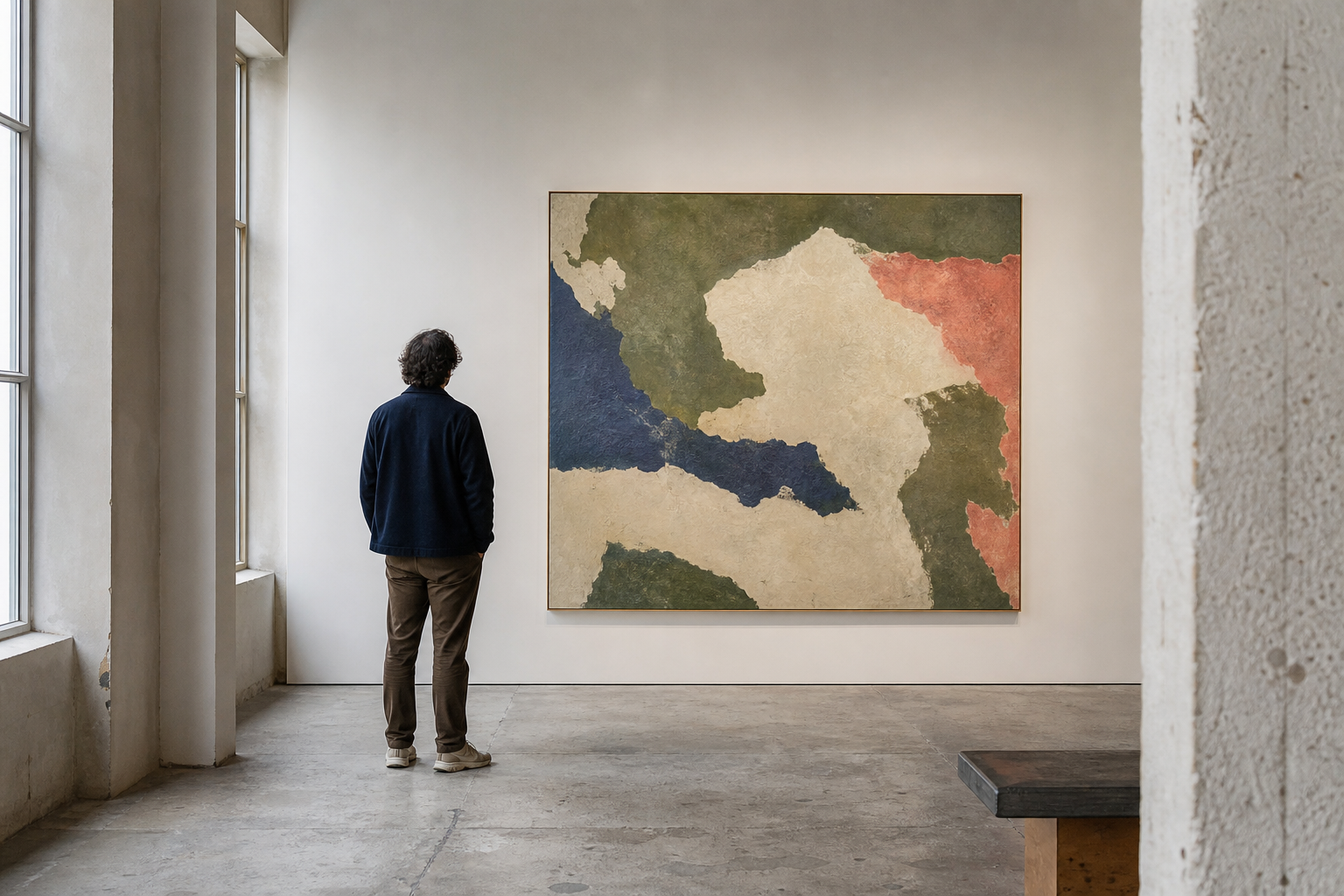 Bezoeker bekijkt een groot abstract schilderij in een lichte museumzaal